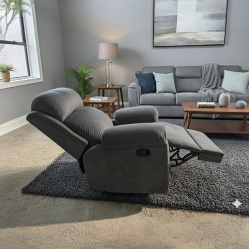 Image of Fabric Livo Recliner Sofa Chair Single Seater for Living Room, Office Manual Push Back Recliner Sofa Chair with Cushioned Armrest & Back Support (Dark Grey)