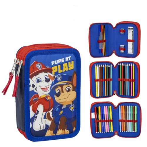 Astuccio scolastico per bambini di Paw Patrol - Colore blu - Chiusura a cerniera - 12,5 x 6,5 x 19,5 cm - Triplo scomparto - Include accessori - Prodotto originale progettato in Spagna, blu, Astuccio