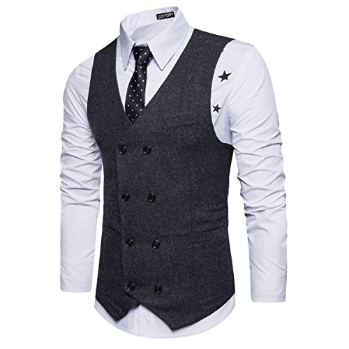 COTTORY Men's Vintage Slim Fit Double-Breasted Solid Suit Vest2