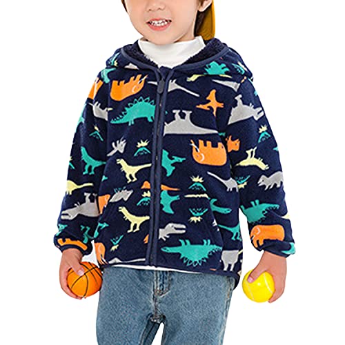 Preisvergleich Produktbild Camilife Baby Kleinkind Jungen Mädchen Verdickte Polarfleece Jacke mit Kapuze Reißverschluss Fleecejacke Kapuzejacke Kinderjacke für Herbst Winter - Dinosaurier Muster Dunkelblau Herstellergr. 90