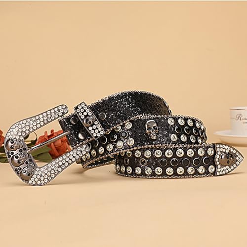 Rhinestone Skull Belt, Western Bling Studded PU Leather Belt Crystal Buckle Punk Cowboy Style Jeans Waist Belt4
