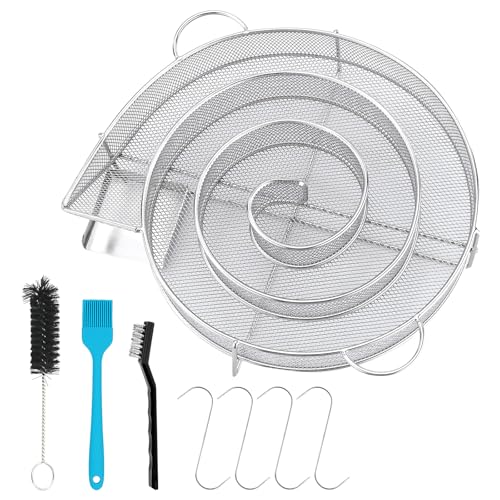 BBQ Smoker Rund Rauchgenerator,Kaltraucherzeuger Edelstahl, Räucherspirale Mit Griff Kaltrauchgenerator, mit 2 Reinigungsbürste & 4 Fleischhaken, für Kugelgrill, Grillgeräte, Räucherofen