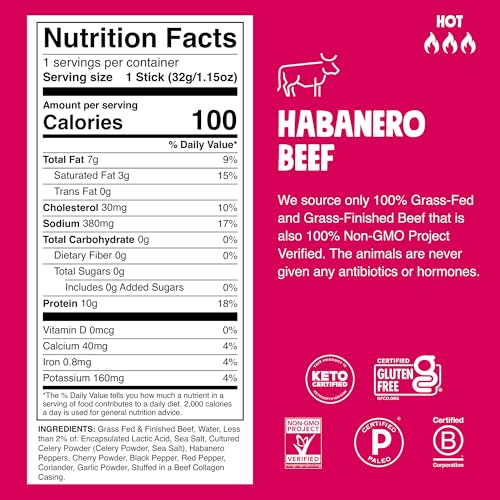 Image of Chomps Grass-Fed and Finished Spicy Habanero Beef Jerky Snack Sticks 10-Pack - Keto, Paleo, Whole30, 10g Lean Meat Protein, Gluten-Free, Zero Sugar Food, Non-GMO