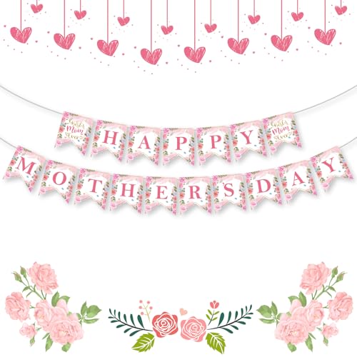 Happy Mothers Day Banner - Pink Mother's Day Decorations Banners, 2025 Best Mom Ever Sign Bunting Banner Garland for Mothers Days Home, Office, Fireplace, Wall Party Decor Supplies Favors Props