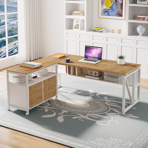 Image of Tribesigns L Shaped Desk with Drawer Cabinet, 63 inch Executive Computer Desk and lateral File Cabinet, 2 Piece Home Office Furniture with Drawers for Hanging, Doors with Locks (Light Walnut, 63 inches)