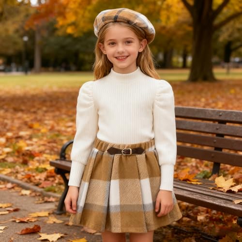 Image of Toddler Girl Outfits Puff Sleeve Ribbed Shirt Knitted Tops Pleated Plaid Skirt Set with Hat 3Pcs Fall Winter Clothes