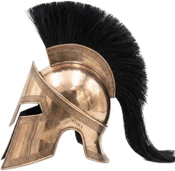 LIARA SPARTAN Helmet, Antique Bronze Finish, Greek Corinthian Style with Black Plume Crest