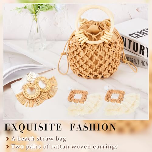 Image of Sweetude Mini Clutch Tote Handbag 2 Pairs Rattan Earrings for Women Crossbody Bag Bohemian Woven Clutch Bucket Handbag