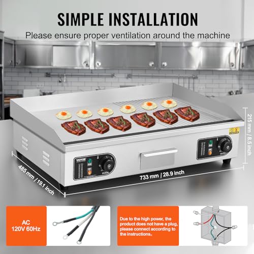 Image of VEVOR Upgraded Commercial Electric Griddle, 2800W Countertop Half-Flat Top Grill, 122℉-572℉ Adjustable Temp, 29'' Stainless Steel Griddle Grill for Home or Restaurant(No Plug)