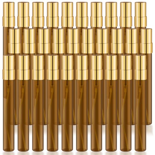 30 Pcs Golden Vials Mini Spray Bottle Amber Glass Fine Mist Perfume Empty Sample Containers with Lids for Travel Cleaning Essential Oils - 10ml/0.34oz