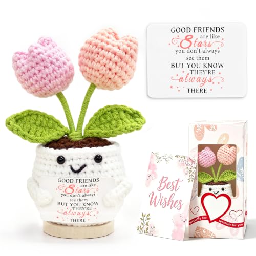 Friendship Gifts for Women Tulips Crochet Flowers Emotional Support Crochet Funny Small Christmas Birthday Gift for Women Personalized Best Friend Coworker Cute Unique Gifts Desk Accessories Decor