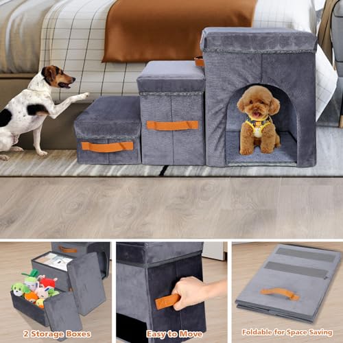 Topmart Foldable Dog Stairs for Bed, 3-Step Pet Stairs with 2 Storage Boxes & Condo for Small, Short-Legged Dogs - Image 5