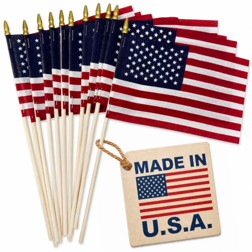 GIFTEXPRESS Set of 12 Proudly Made in U.S.A. Small American Flags 4x6 Inch/Small US Flag/Mini American Stick Flag/American Hand Held Stick Flags Spear Top
