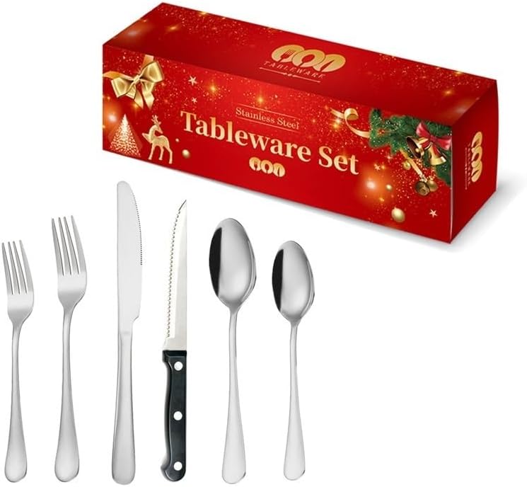 Silverware Flatware Set, 24-piece Stainless Steel Silverware Set Service For 4, Red Box Set Steak Knife, Fork And Spoon Creative Tableware(Rose Gold)