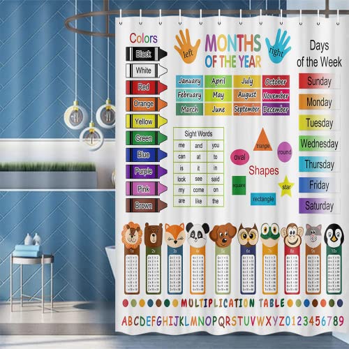 Image of ABC Educational Shower Curtain for Kids, Learning Bathroom Decor Set with Grommets and Hooks, Multiplication Table Theme, Colorful