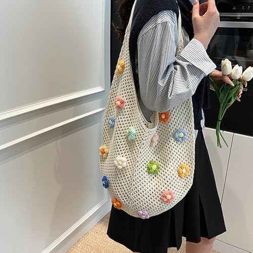 Women's Hand Woven Tote Bag 3D Flower Hollow Out Large Capacity Handbag Bucket Shoulder Bag4