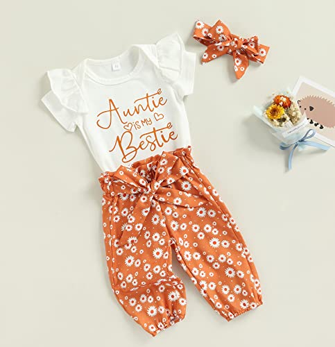 MAINESAKA Newborn Baby Girls 3pcs Outfit Set Auntie's Bestie Romper + Floral Pants Clothing Set2