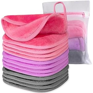 Makeup Remover Cloth, 6″ x 6″ Make Up Towels Reusable Face Cloth for Washing Face, 12 Pack Makeup Remover Pads Microfiber Face Washcloth with Mesh Bag, Just Water, Grey/Purple/Pink