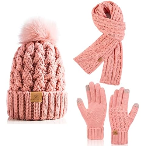 PAGE ONE Womens Winter Knitted Beanie Hat Warm Fleece Lined with Pompom Cap Thick Slouchy Snow Knit Skull Ski Cap Cover