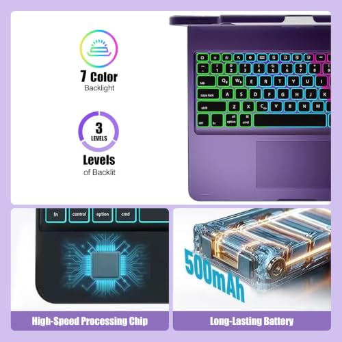 Image of for iPad Pro 13 inch Case with Keyboard (M5 /2025,M4 /2024)& iPad Air 13 (M4 /M3 /M2) &iPad Pro 12.9 (6th /5th /4th /3rd Gen),360 Swivel &Rainbow Backlit with Pencil Holder-Purple