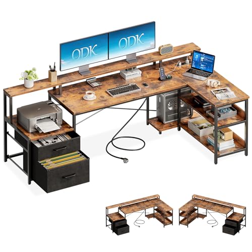 ODK Schreibtisch mit Schubladen, 189.3×100cm Reversibel Eckschreibtisch Groß mit 2 Steckdosen&USB Ladeanschluss, Schreibtisch L Form mit Stauraum, Gaming Tisch für Homeoffice, Vintage-Braun