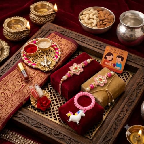 Image of SAUDEEP INDIA Decorative Fridge Magnet for Refrigerator Decor | Family Rakhi Combo Set for Bhaiya Bhabhi & Kid with Thali | Raksha Bandhan Gift | Couple Rakhi with Kid Rakhi | Festival Home Decoration