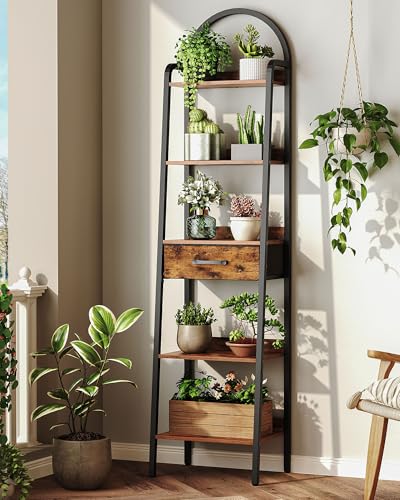 5 Tier Ladder Shelf with Drawer, Tall Ladder Bookshelf, Standing Bookcase with Metal Frame for Living Room, Bathroom, Home Office, Study, Balcony, Rustic Brown and Black TCJ07BF