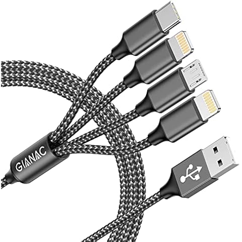 Multi Charger Cable, 4 in 1 Charger Cable [1.2M] Multiple USB Cable Nylon Braided with Lightning Cable Micro USB C Connector for iPhone 12/11/XS,Samsung S20 S10 S9 S8,Huawei,Nexus,Nokia -Grey Cover
