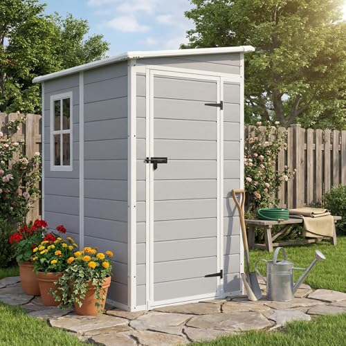 Image of Devoko 5x4 FT Plastic Outdoor Storage Shed with Floor, Waterproof Resin Garden Shed with Lockable Door, Outside Tool Shed for Backyard, Patio, Lawn, Light Grey