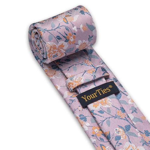 Image of YourTies Silk Paisley Floral Tie and Pocket Square Cufflinks with Lapel Pin Sets for Men 5PC Wedding Party