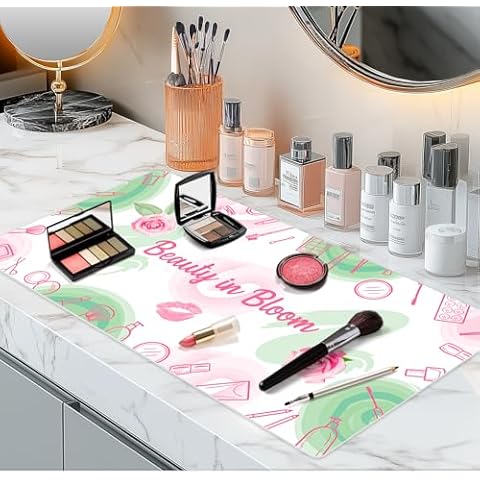 Aphlos Dual-Sided Waterproof Synthetic Leather Makeup Mat for Desk, Makeup Station, Crafts, Multi-Use Scratch & Stain Resistant Surface Protector Pad for Vanity, Desktop, Craft Table (White Cartoon) Cover