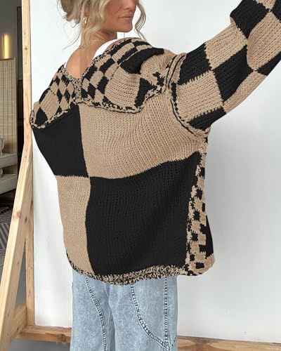 Image of BTFBM Casual Cardigan Sweater for Women Fall 2026 Long Sleeve Open Front Chunky Knit Sweaters Checkered Outwear Coat