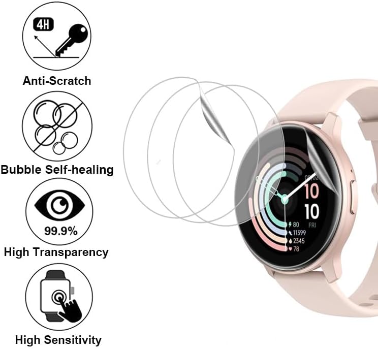 Icons representing anti-scratch, bubble self-healing, high transparency, and high sensitivity features