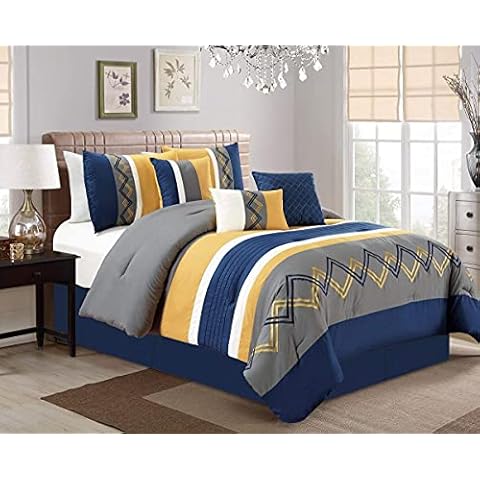 Chezmoi Collection Arden 7-Piece Modern Pleated Stripe Embroidered Zigzag Bedding Comforter Set (Queen, Navy/Gray/Yellow/White) Cover