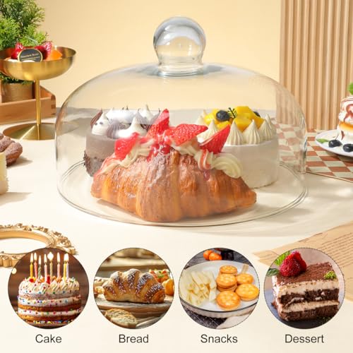 Image of Housoutil Glass Cake Dome Cover, 10 Inch Clear Round Cake Cover, Glass Dessert Dome Lid for Kitchen, Birthday, Weddings, Party, Appetizer Dessert & Cheese Serving Platter