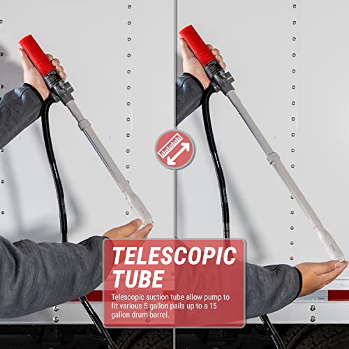 Tera Pump [10 Ft Extended Length Discharge Hose] D Battery Powered Fuel Transfer Pump (2.4 Gallons Per Minute) Manual Locking Lever Control Nozzle #TOP3