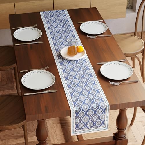 Image of Encasa XO Dining Table Runner for 4 to 6 Seater | Indigo-03 Block Printed Cotton Canvas | 32x183 cm | Jaipur Sanganeri Hand Print