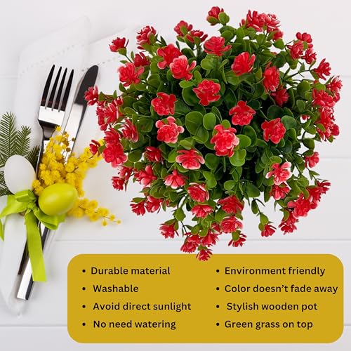 Image of Tdas Artificial Flower Plants Leaves Wooden Potted Eucalyptus Flowers Home Decor Greenery Small Faux with Pot for Indoor Shelf Desk Bathroom Bedroom Office Decoration (Red)