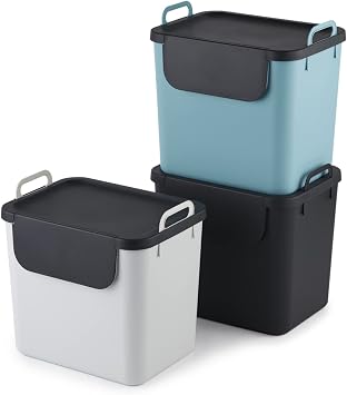 Rotho Jive Kitchen Bin Set 3 x 30 L Stackable Recycling Bins with Lids