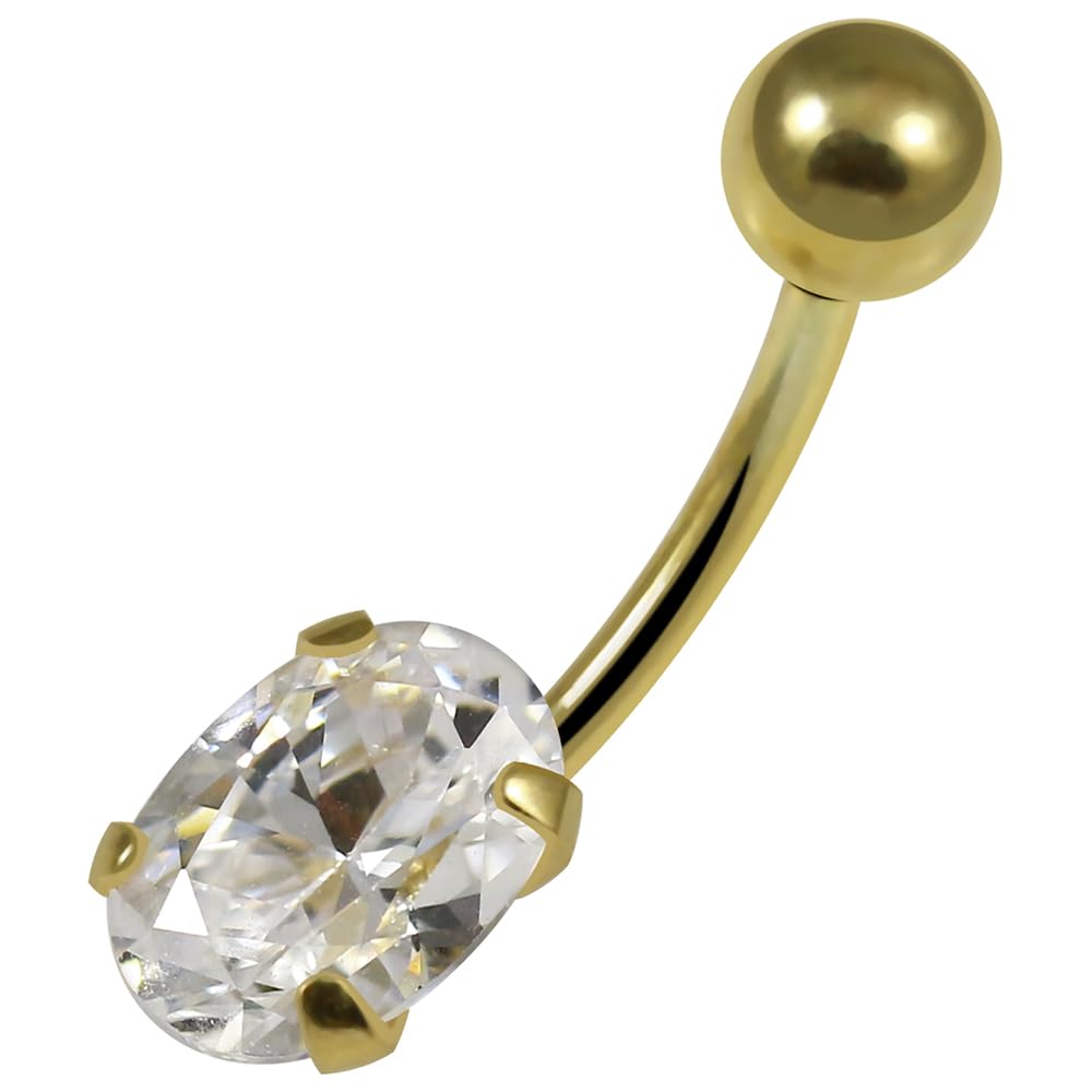 Piercing para ombligo de oro amarillo macizo de 14 quilates con circonita cúbica ovalada, calibre 16, joyería para ombligo, joyería para ombligo, anillos curvados de oro, 16 Gauge (