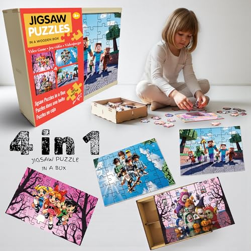 Image of BAGJI Toy Wooden Cartoon Jigsaw Puzzle Set for Kids (3+ Years) | 4-in-1 Game Theme Puzzles with Wooden Storage Box | Fun Learning Toy for Brain Development & Screen-Free Play