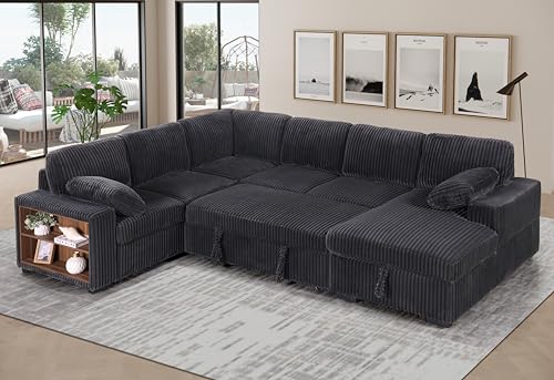 Image of ERYE 117-Inch Oversized U-Shaped Sleeper Sectional Sofabed, U Shaped Pull Out Sleeper Couch Corner Convertible Sectional Sofa Bed with Right Facing Storage Chaise for Living Room