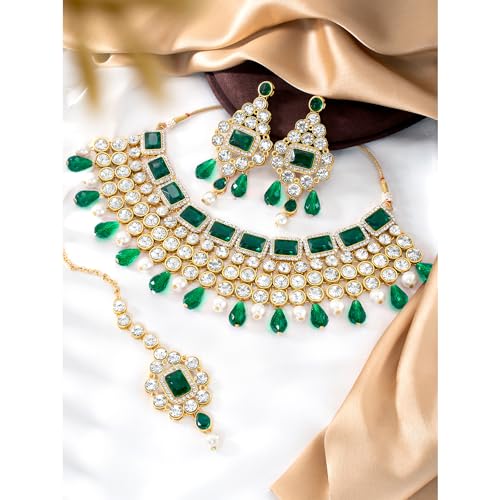Image of Peora Crystal Choker Necklace with Maang Tikka Earrings Indian Traditional Bridal Wedding Jewellery Set for Women