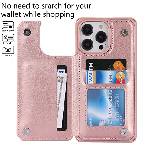 Image of Cavor for iPhone 14 Pro Case with Card Holder,for iPhone 14 Pro Wallet Case for Women Men,Phone Case for iPhone 14 pro with Stand Credit Card Holder, Leather Strap Shockproof Cover- Rose Gold
