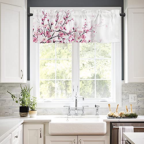 Applebless Curtain Valances For Living Room Cherry Blossom Rod Pocket Short Window Valance Pink White Short Kitchen Window Treatment Valances For Bedroom Bathroom（1 Panel,54X18 Inch） #TOP1