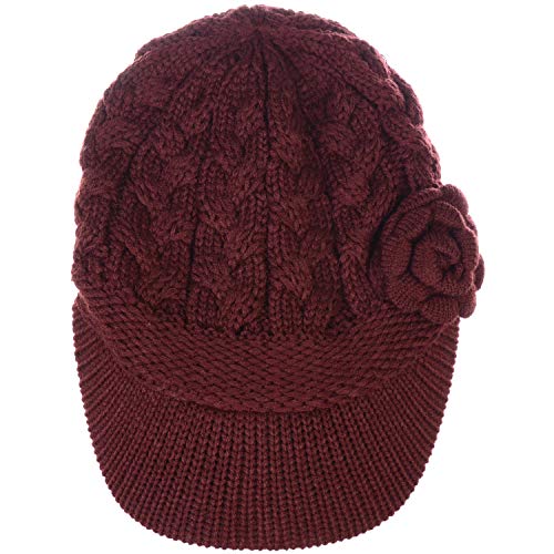 An Womens Winter Visor Cap Beanie Hat Wool Blend Lined Crochet Decoration (One Size, Burgundy Rose) #TOP3