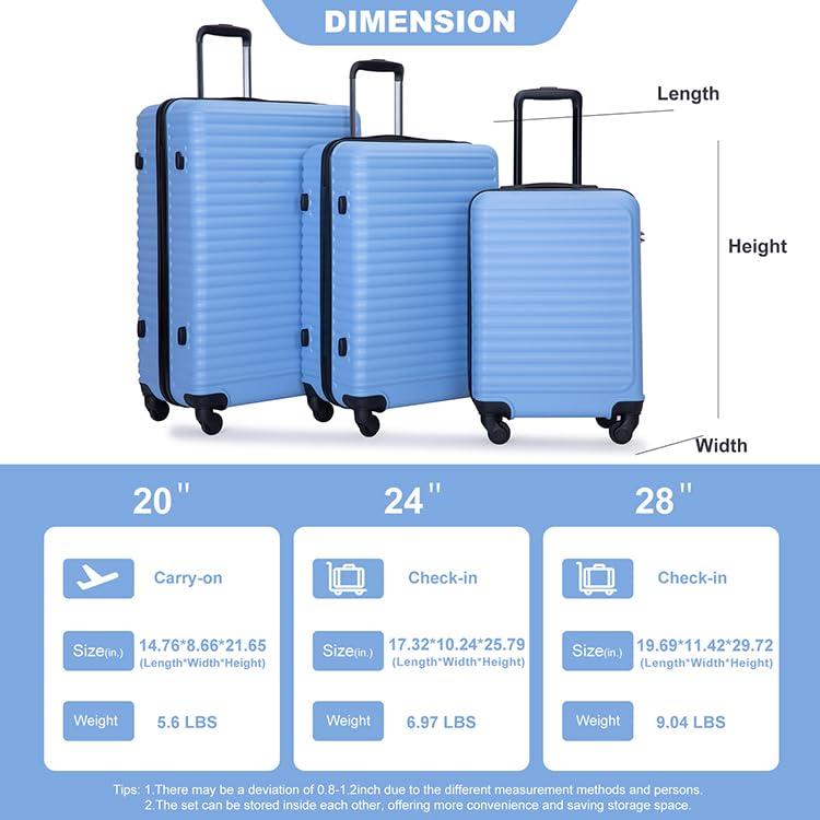 3 Piece Luggage Sets ABS Lightweight Suitcase with Two Hooks, Spinner Wheels, TSA Lock, (20/24/28) LIGHT BLUE4