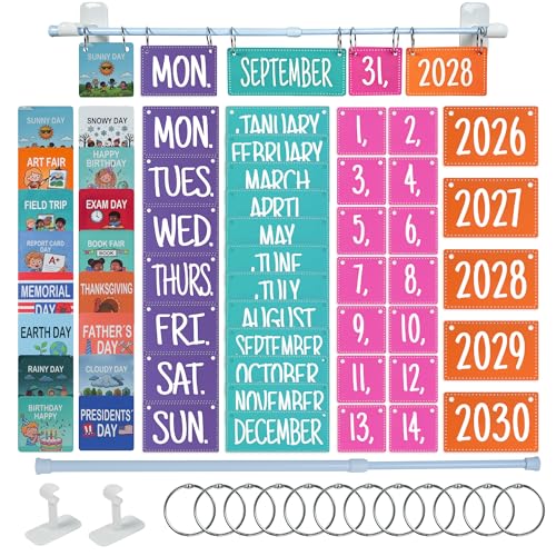 Magnetic Classroom Flip Calendar Bulletin Board Set with Extended No-Stuck Rod | Includes Weather & Holiday Cards | Adjustable Large Daily Calendar Teacher Supplies for Classroom Decor (Rainbow)