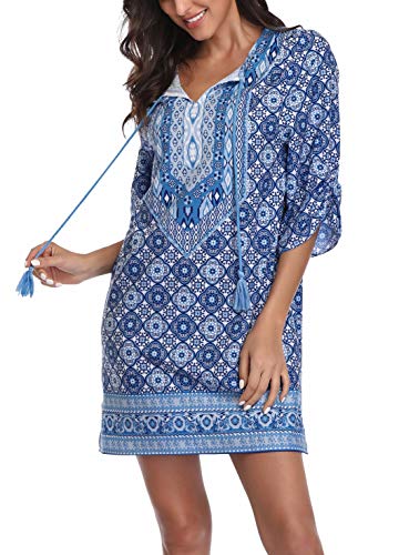 Image of Women Bohemian Neck Tie Vintage Printed Ethnic Style Summer Shift Dress