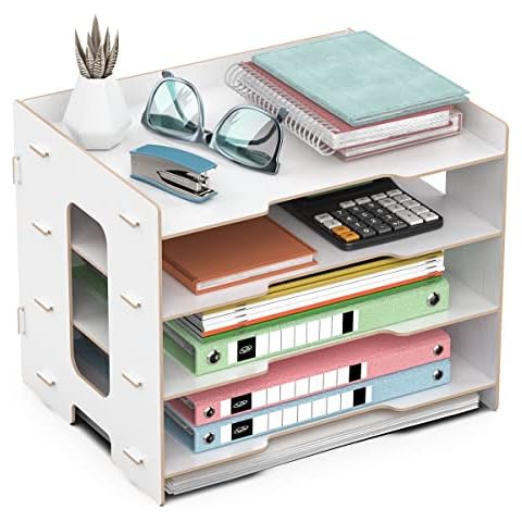 JOPOO Office File Tray, A4 Desk Tidy Organiser, 4 Tier Document/Paper/Letter Tray (white) Cover